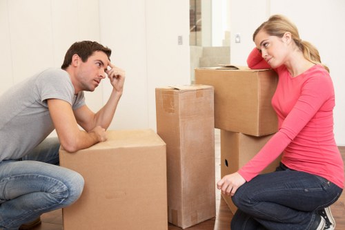 Professional movers transporting boxes through a residential street